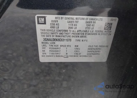 2012 Chevrolet Equinox 1Lt z USA, uszkodzony, nr VIN 2GNALDEK8C6311076